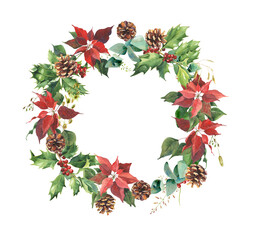 Watercolor Christmas wreath of cones and plants