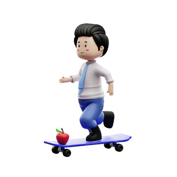 male student playing skateboard 3d rendering