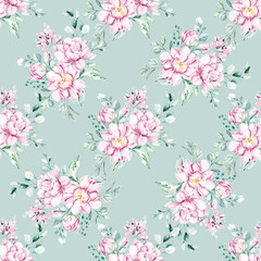 Seamless pattern with watercolor flowers pink  peonies, repeat floral texture, background hand drawing. Perfectly for wrapping paper, wallpaper, fabric, texture and other printing.	
