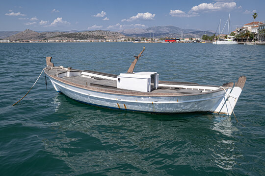 Boats along the coast of the Town of Nafplio, Argolis, Peloponnese, Greece.