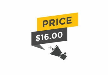 16 dollar price tag. Price $16 USD dollar only Sticker sale promotion Design. shop now button for Business or shopping promotion
