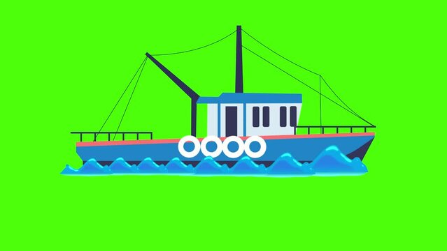 fishing ship loaded with ship Equipment and strings sailing over the sea waves animation on green screen 
