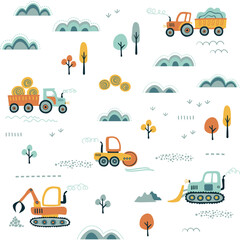 Obraz premium Kids seamless pattern with tractors and road equipment. Hand drawn vector illustration.