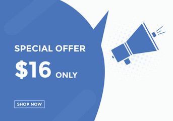 $16 USD Dollar Month sale promotion Banner. Special offer, 16 dollar month price tag, shop now button. Business or shopping promotion marketing concept
