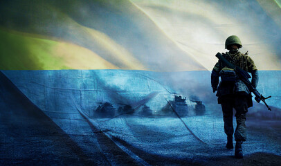 Russian tank on ruined Ukrainian city. War crisis, military intervention in Ukraine. Russia invades Ukraine. Ukraine fight against Russia; EU, USA new sanctions, nuclear force special alert.soldier.