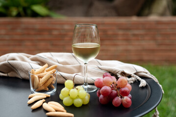 A glass of white wine with appetizers on the garden table.