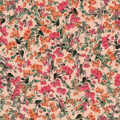Seamless repeat pattern tile with the bougainvillea flowers design in vibrant, pastel, refreshing color.