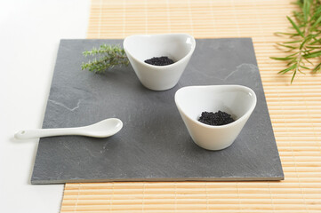 Closeup gourmet black caviar eggs