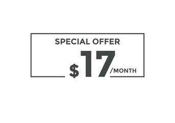 Obraz premium $17 USD Dollar Month sale promotion Banner. Special offer, 17 dollar month price tag, shop now button. Business or shopping promotion marketing concept 