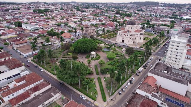Batatais, Sao Paulo, Brazil - Circa June 2022: Aerial image of the city of Batatais, the city's central square.