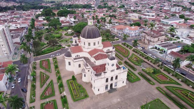 Batatais, S&atilde;o Paulo, Brazil - Circa June 2022: Aerial image of the city of Batatais, Parish Church of the city.