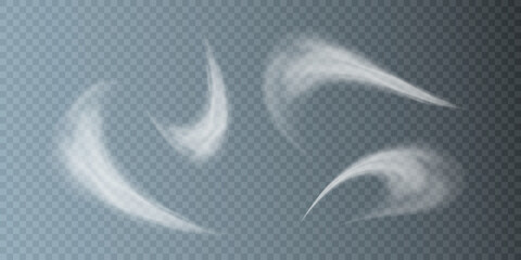 Realistic swirl shape steam smoke set. White smoke waves of hot drink, coffee, cigarettes, tea or food. Fog flow swirl layout.