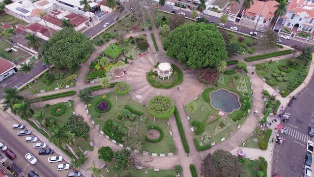 Batatais, Sao Paulo, Brazil - Circa June 2022: Aerial image of the city of Batatais, the city's central square.