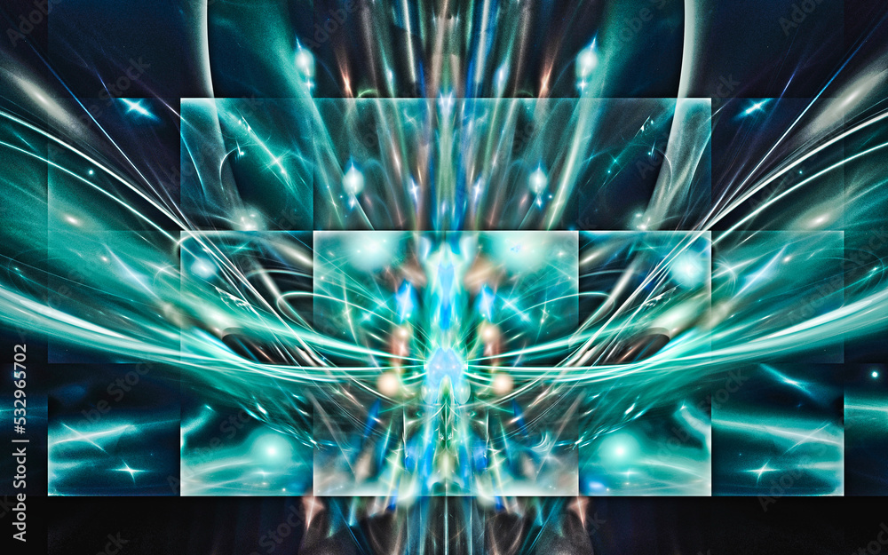 Aufkleber abstract computer illustrations of fantastic energy waves of various shapes and shades on a black background for use in symbols, signs for digital design and graphics