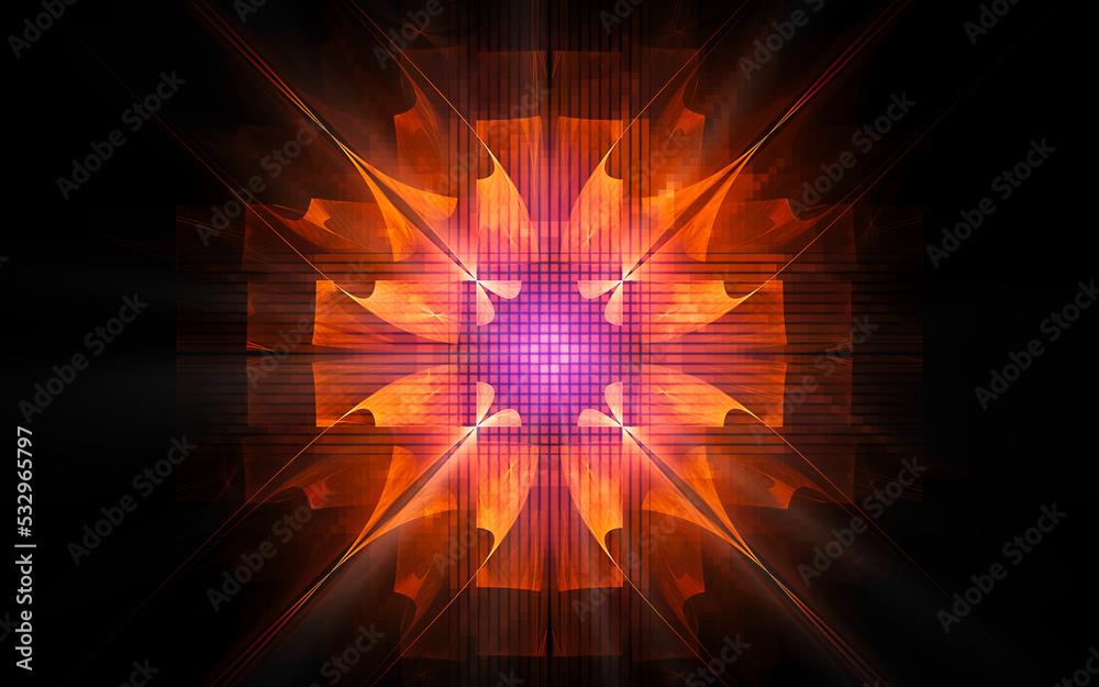 Aufkleber abstract illustration of a computer generated fantastic flower of various shapes and shades on a black background for use in symbology, signs for digital design and graphics
