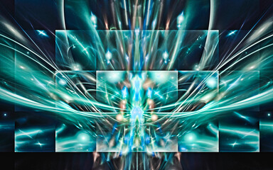 abstract computer illustrations of fantastic energy waves of various shapes and shades on a black background for use in symbols, signs for digital design and graphics