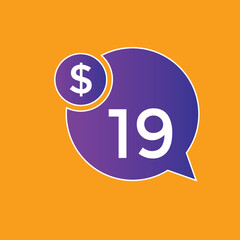 19 dollar price tag. 19$ dollar USD price symbol. price 19 Dollar sale banner in USD. Business or shopping promotion marketing concept
