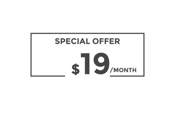$19 USD Dollar Month sale promotion Banner. Special offer, 19 dollar month price tag, shop now button. Business or shopping promotion marketing concept
