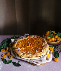 Delicious pie with yellow plum.  Cherry plum biscuits. Top view