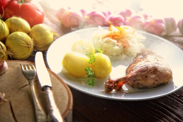 delicious duck served with potatoes and sauerkraut