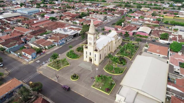 Brodowski, S&atilde;o Paulo ,Brazil - Circa june 2022: Aerial image of Brodowski city, mother church.