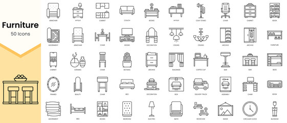 Simple Outline Set ofFurniture icons. Linear style icons pack. Vector illustration