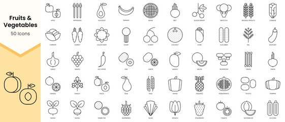 Simple Outline Set ofFruits & Vegetables icons. Linear style icons pack. Vector illustration