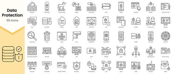 Simple Outline Set ofData Protection icons. Linear style icons pack. Vector illustration