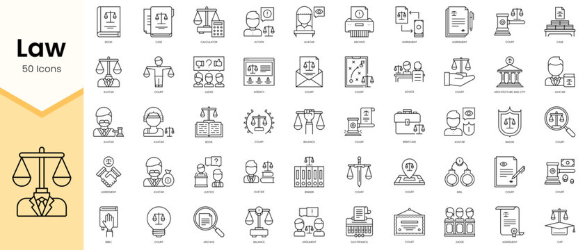 Simple Outline Set ofLaw icons. Linear style icons pack. Vector illustration