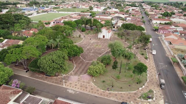 Brodowski, S&atilde;o Paulo , Brazil - Circa june 2022: Aerial image of Brodowski city, Main City Square