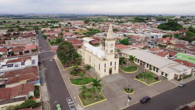Brodowski, S&atilde;o Paulo ,Brazil - Circa june 2022: Aerial image of Brodowski city, mother church.
