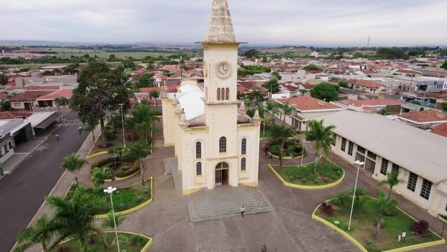 Brodowski, S&atilde;o Paulo ,Brazil - Circa june 2022: Aerial image of Brodowski city, mother church.
