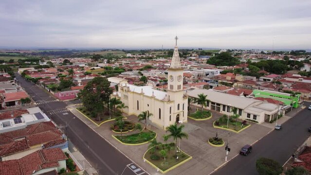 Brodowski, S&atilde;o Paulo ,Brazil - Circa june 2022: Aerial image of Brodowski city, mother church.