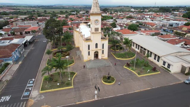 Brodowski, S&atilde;o Paulo ,Brazil - Circa june 2022: Aerial image of Brodowski city, mother church.