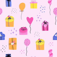 seamless pattern with gifts in flat style. design for fabric, wrapping paper, etc. vector flat illustration.
