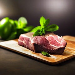 Raw steak of beef on wooden board with seasoning.