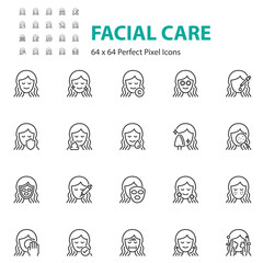 set of facial care line icons, skin, beauty