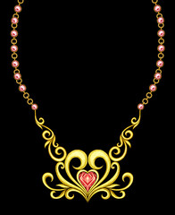 Jewelry design art vintage heart set gems and gold necklace. Hand drawing and painting on paper.