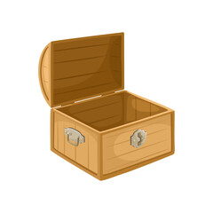 Open treasure box. Old wooden empty chest. Vector cartoon illustration.