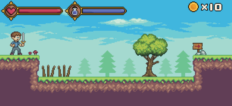 Pixel art game scene with character, life bar and mana, tree, cloud vector background for 8bit game