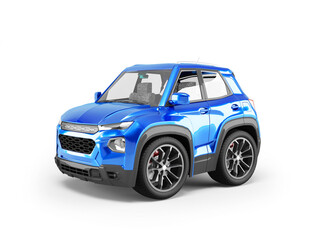 3d illustration of blue car front cartoon style on white background with shadow
