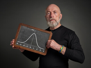 graph of Gaussian (bell) function on a slate blackboard held by a senior male, teacher or presenter - statistical concept