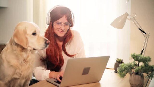Cute golden retriever sitting with owner while she try to finish her work. Red hair young woman spend time with her pet during work from home. Cute freelance.