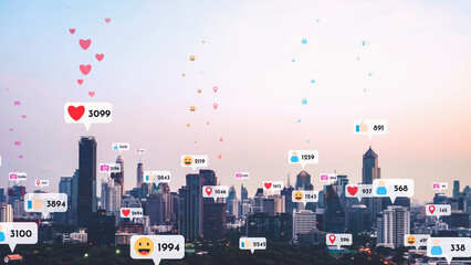Social media icons fly over city downtown showing people reciprocity connection through social network application platform . Concept for online community and social media marketing strategy . - obrazy, fototapety, plakaty