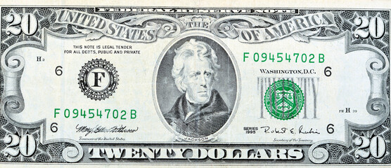 Large fragment of the Obverse side of 20 twenty dollars bill banknote series 1995 with the portrait...
