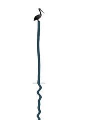 A brown pelican sits on a piling in the ocean in an illustration on a transparent background.