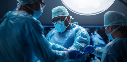 Diverse team of professional medical surgeons perform surgery in the operating room using high-tech...