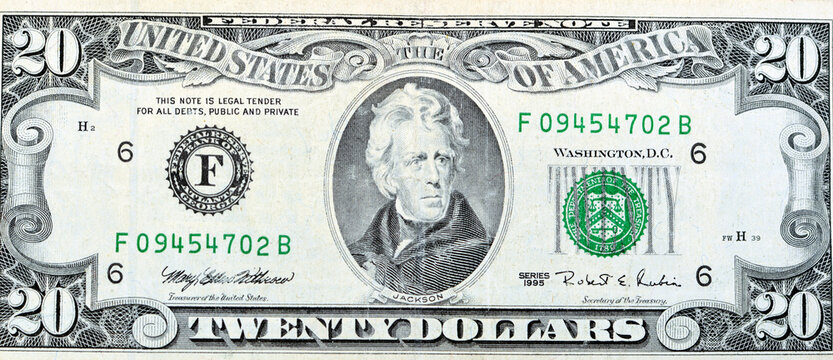 Large fragment of the Obverse side of 20 twenty dollars bill banknote series 1995 with the portrait of president Andrew Jackson, old American money banknote, vintage retro, United States of America
