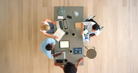 Tablet blank screen, business meeting and people with multimedia technology for branding, digital marketing or advertising app. Corporate B2B teamwork on erp strategy and web design creative planning