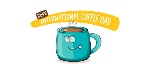 International coffee day horizontal banner with cute blue coffee cup character and greeting text isolated on white brown background. Coffee day cartoon poster, flyer, label sticker, funny banner